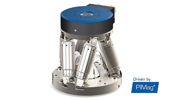 Kompakter Torquemotor-Drehtisch gestapelt auf einem PI Hexapod für hochautomatisierte Produktionssysteme