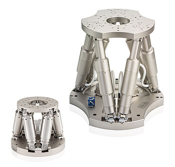 Several hexapod series feature variants that are vacuum-suitable to 10-6 hPa (HV), such as the H-811.I2 for velocities up to 20 mm/s (left) or the H-850 for payloads up to 250 kg.