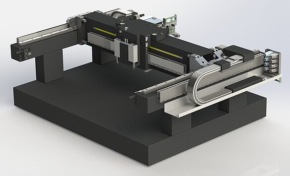 Dieses kundenspezifisch ausgelegte Positioniersystem integriert Linearmotoren für schnelles und präzises Scannen in zwei Achsen, hier für die automatisierte Wafer-Inspektion. Die Feinpositionierung in der vertikalen Achse übernimmt ein Lineartisch mit integriertem Gewichtsausgleich